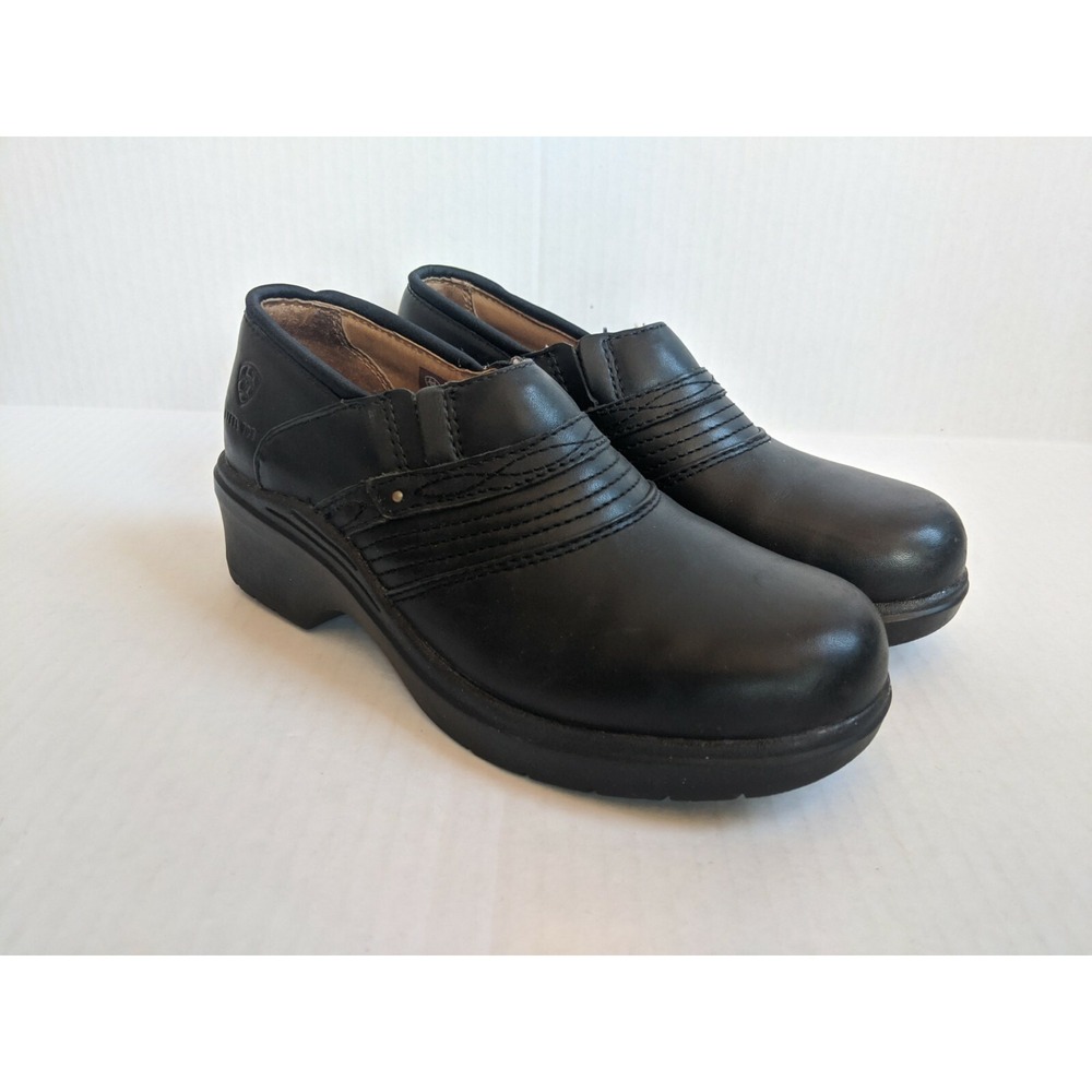 Ariat Women's Sz 7.5 B Work Safety Clog Steel Toe Black Leather Slip Resistant